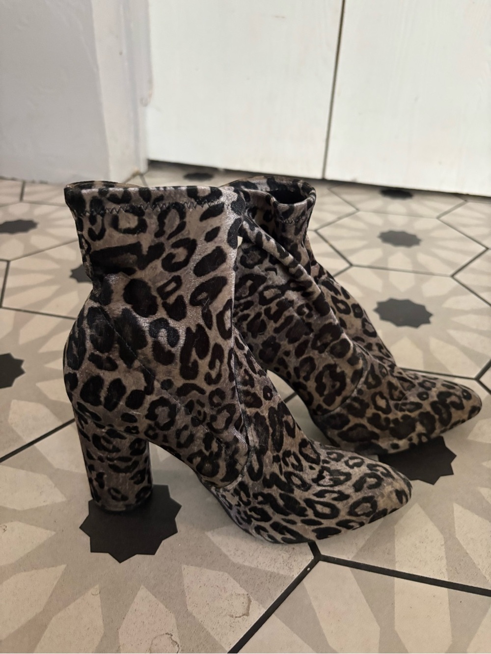 Leopard Print Velvet Ankle Boots - Women's Taupe/Black
